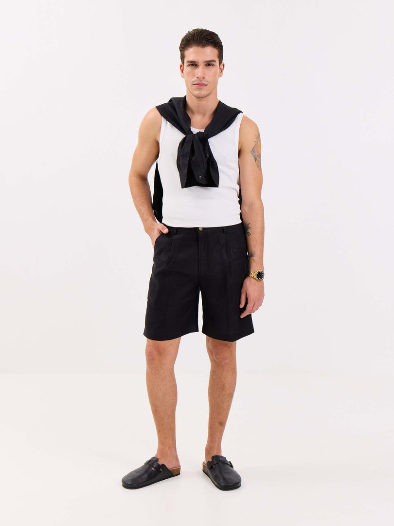 Black Linen Trouser Shorts