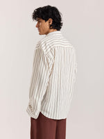 Load image into Gallery viewer, White &amp; Brown Striped Linen Cropped Shirt