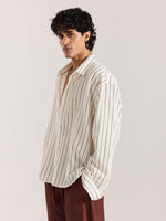 Load image into Gallery viewer, White &amp; Brown Striped Linen Cropped Shirt