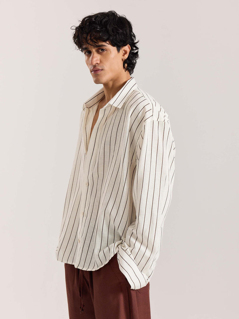 White & Brown Striped Linen Cropped Shirt