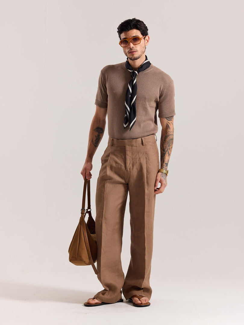 Brown Linen Baggy Fit Trousers