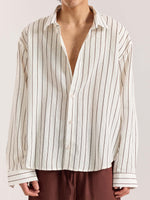 Load image into Gallery viewer, White &amp; Brown Striped Linen Cropped Shirt