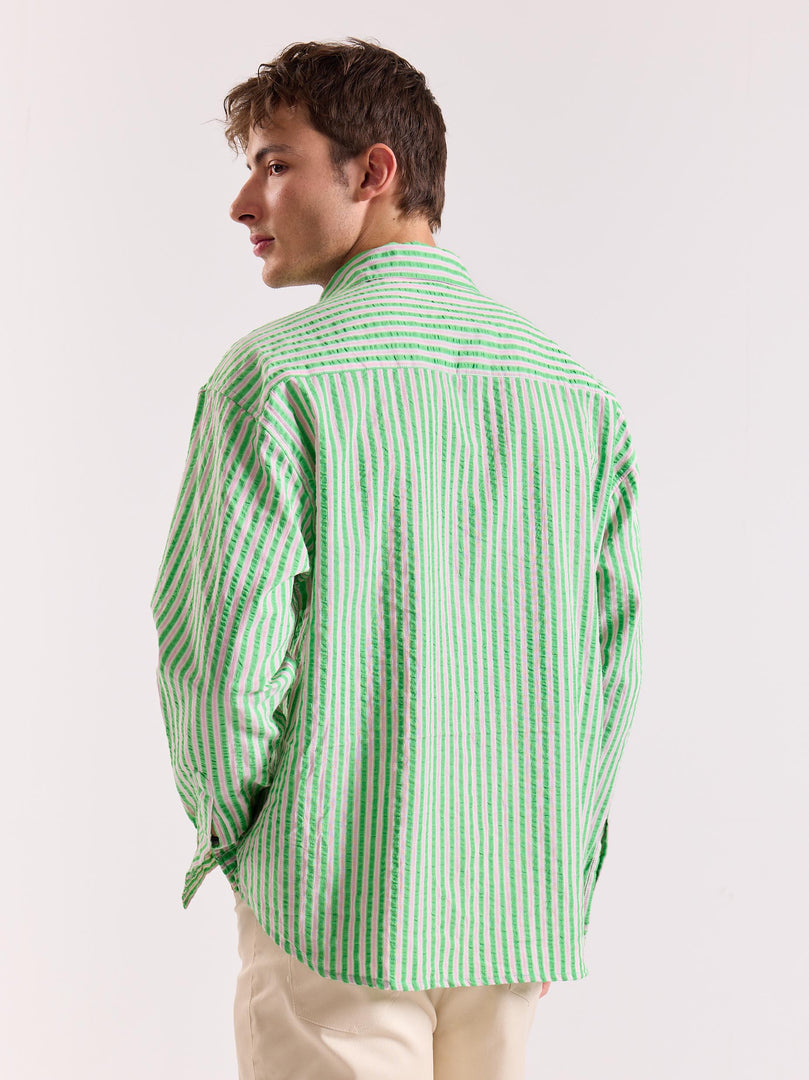Green & Pink Seersucker Oversized Cropped Shirt