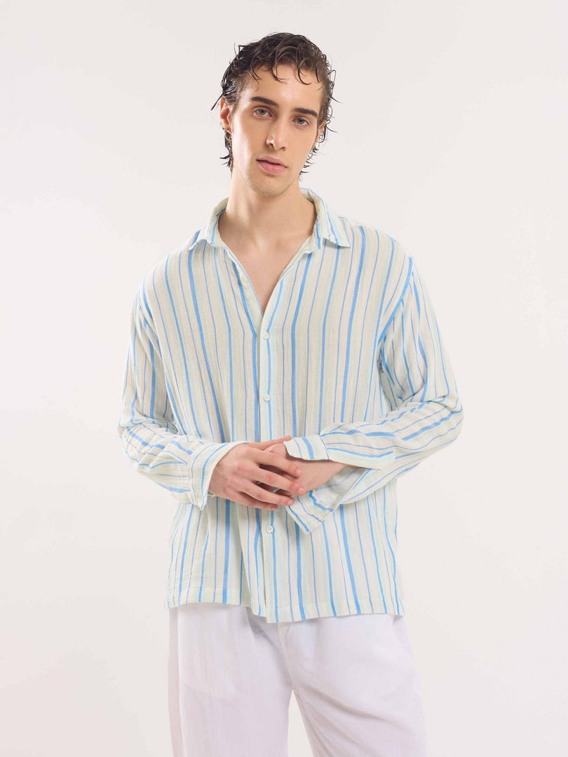 White Gauze Striped Holiday Shirt