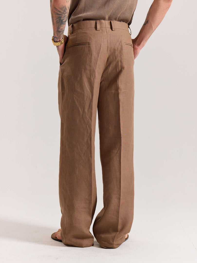 Brown Linen Baggy Fit Trousers