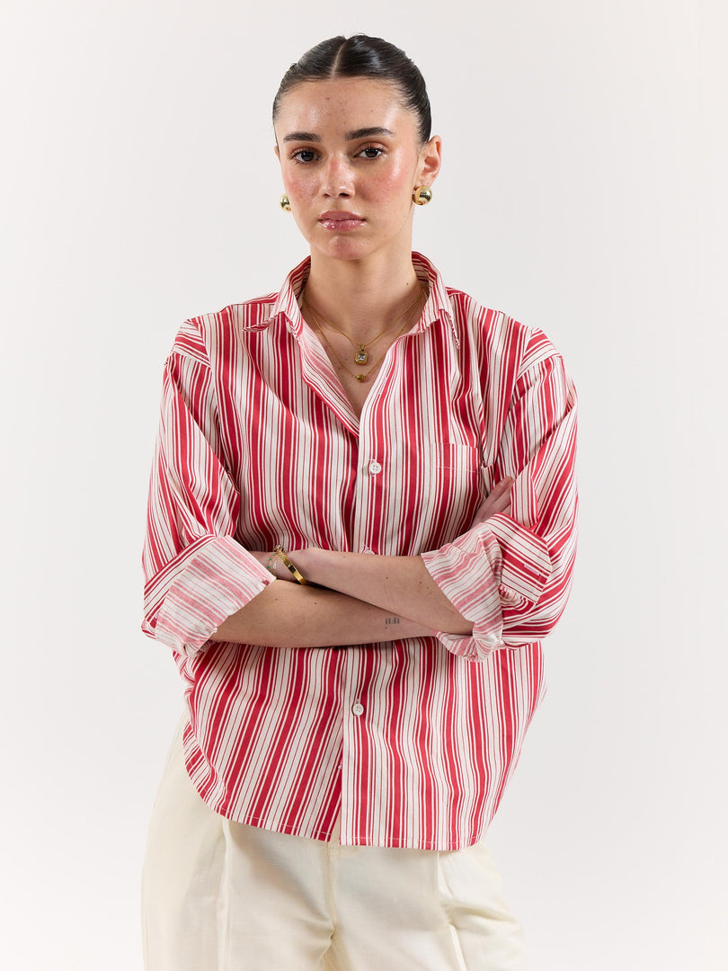 Red & White Striped Poplin Oversized Shirt