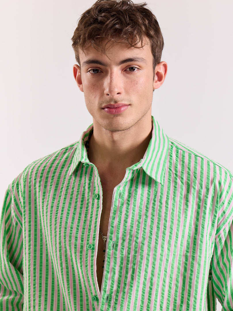 Green & Pink Seersucker Oversized Cropped Shirt