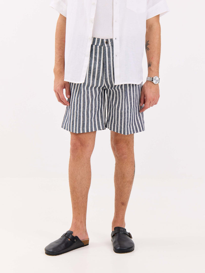 Grey Striped Linen Trouser Shorts