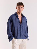 Load image into Gallery viewer, Blue Pinstriped Linen Cropped Shirt ( Pre-Order )