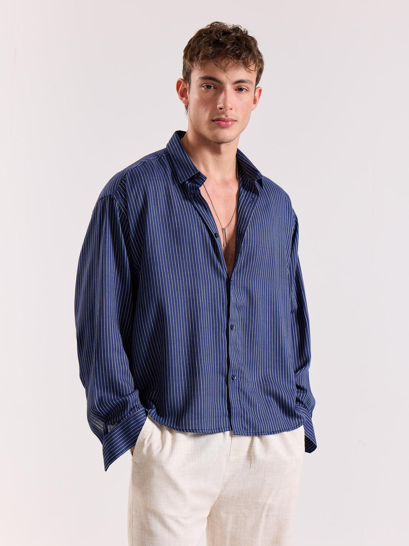 Blue Pinstriped Linen Cropped Shirt ( Pre-Order )