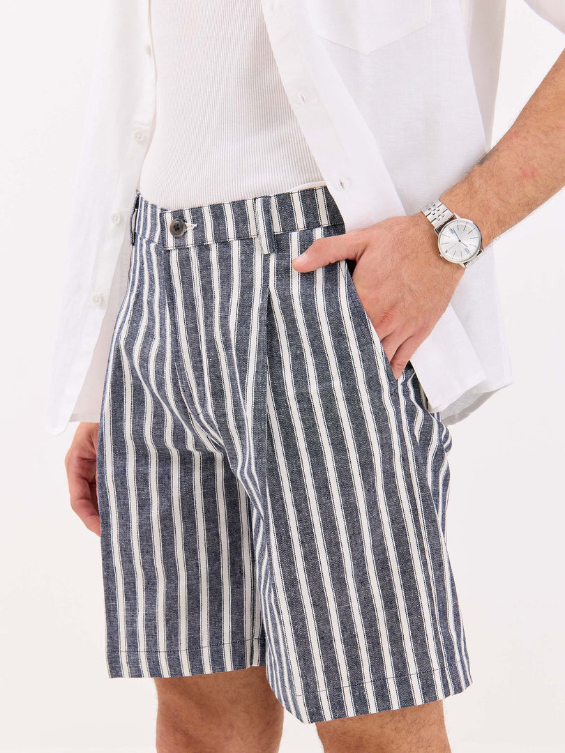 Grey Striped Linen Trouser Shorts