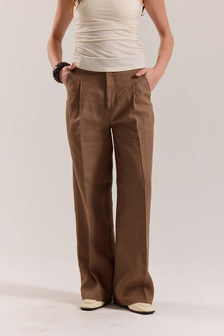 Brown Linen Baggy Fit Trousers