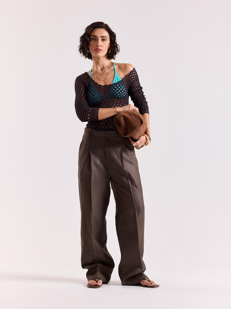 Dark Brown Linen Baggy Trousers