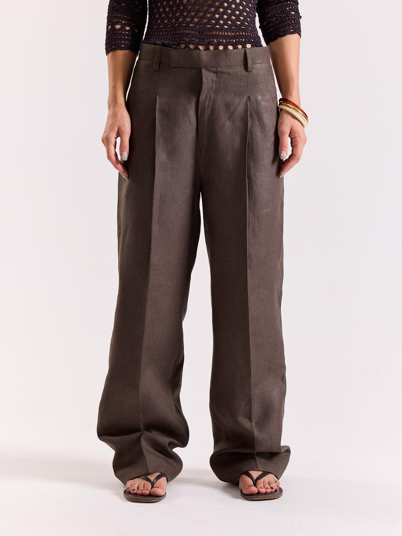Dark Brown Linen Baggy Trousers