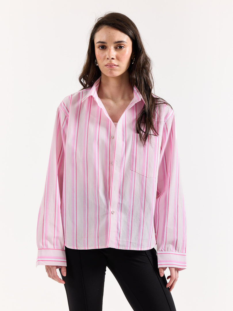 Multi Pink Striped Poplin Oversized Shirt