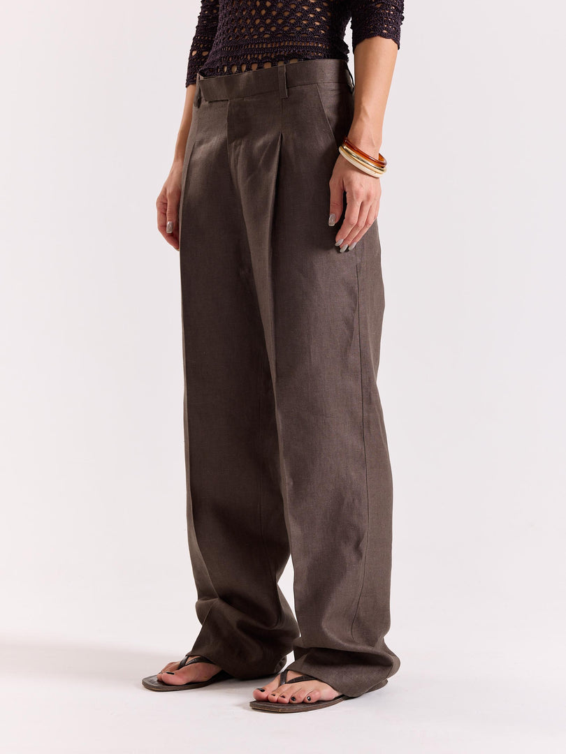 Dark Brown Linen Baggy Trousers
