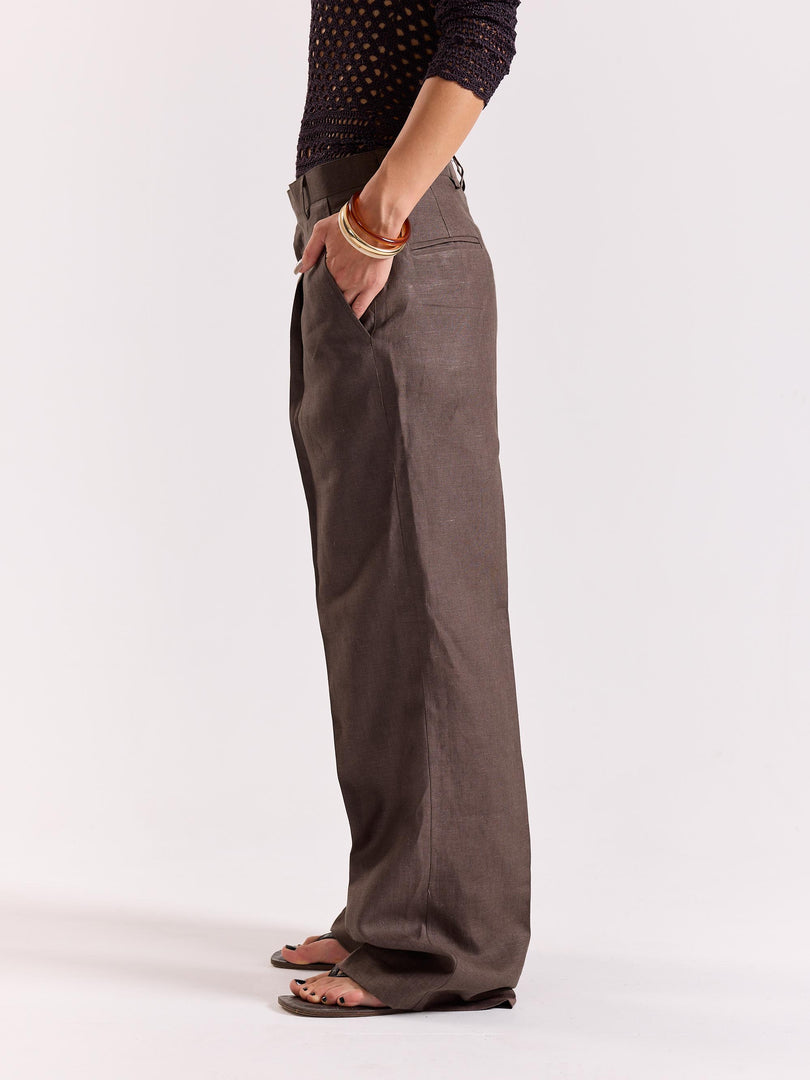 Dark Brown Linen Baggy Trousers