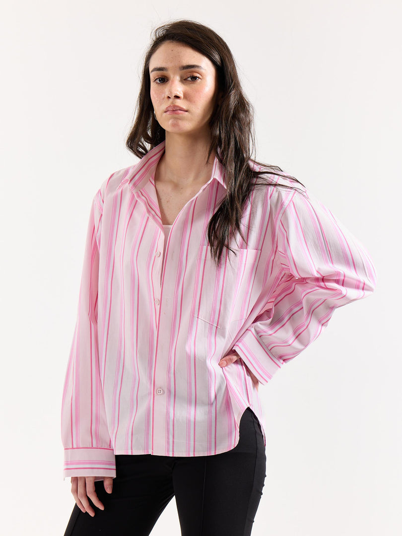 Multi Pink Striped Poplin Oversized Shirt
