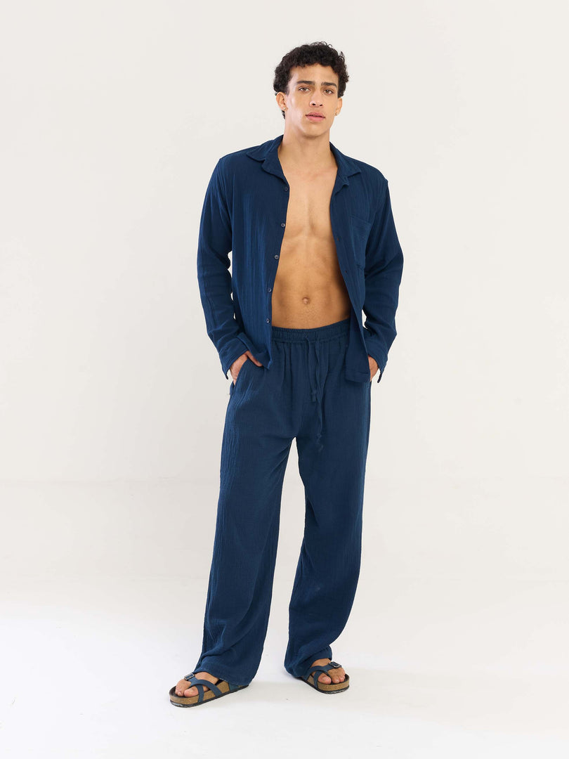 Dark Blue Gauze Pull-on Pants