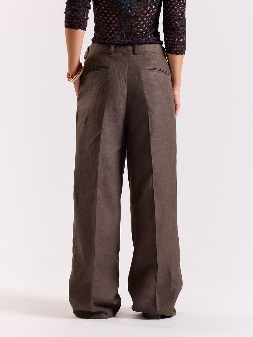 Dark Brown Linen Baggy Trousers
