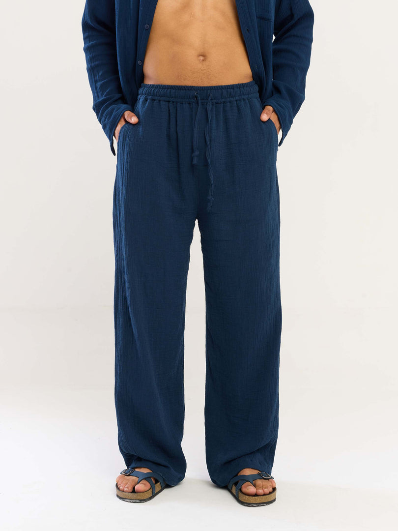 Dark Blue Gauze Pull-on Pants