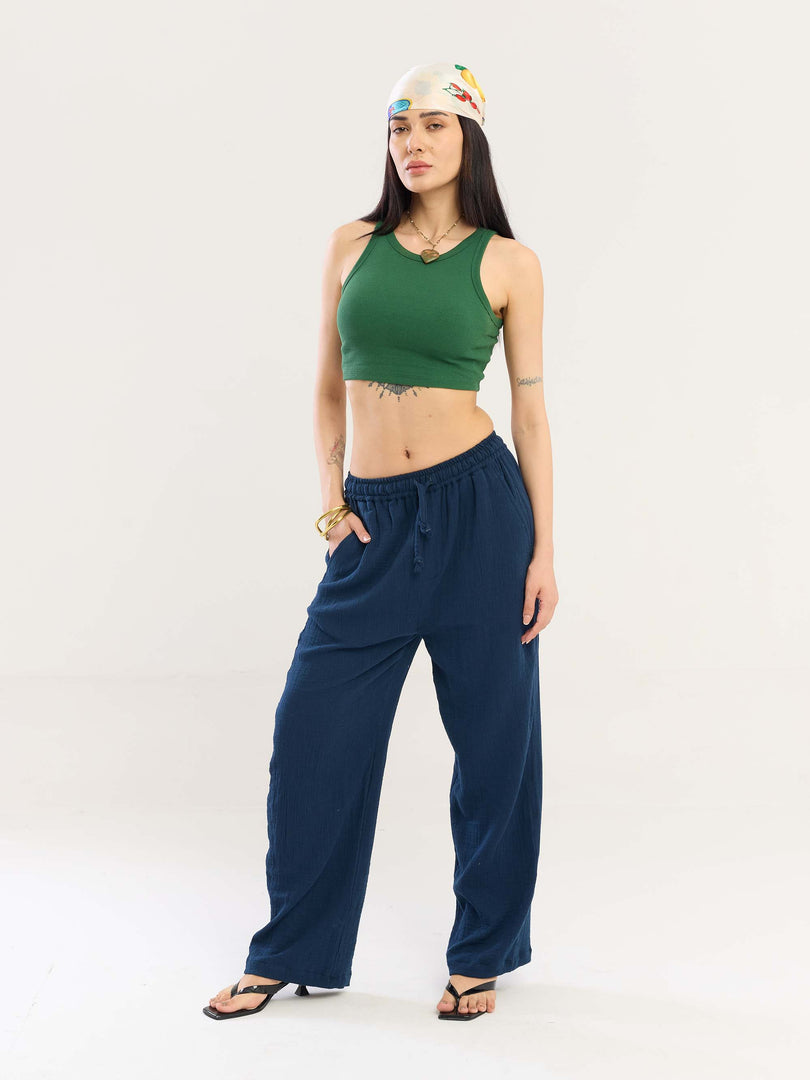 Dark Blue Gauze Pull-on Pants