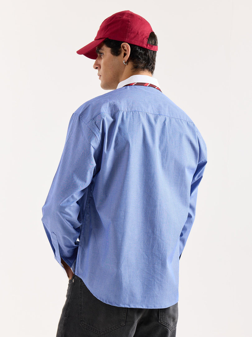 Blue Striped Contrast Collar Oversized Shirt
