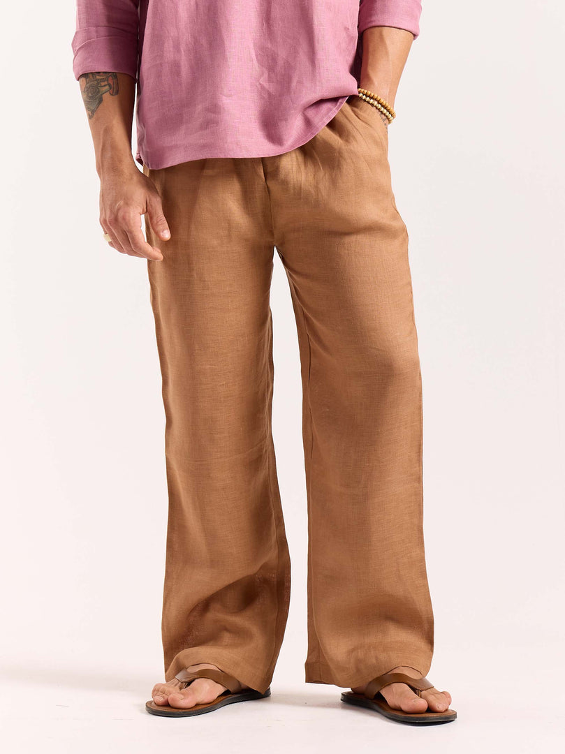 Tan Brown Linen Pull-on Pants