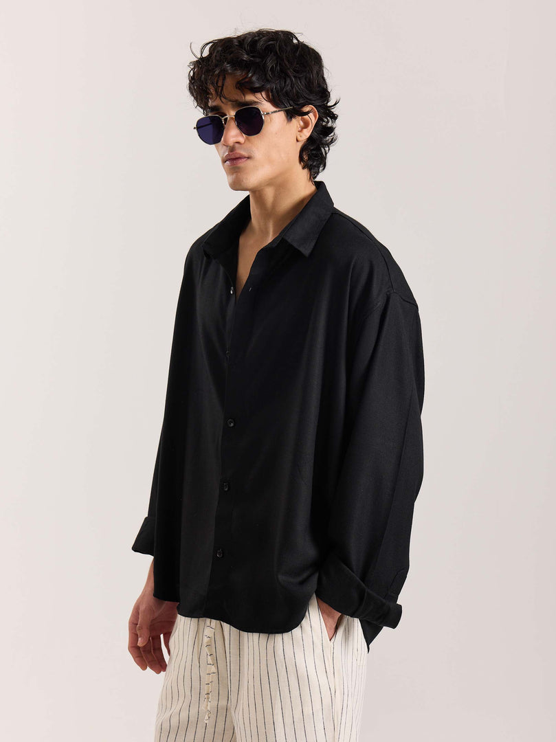 Black Linen Cropped Shirt