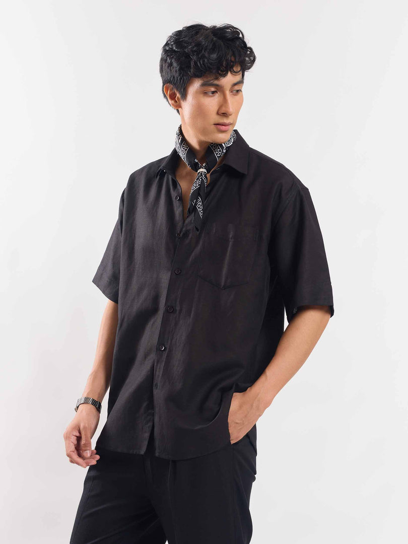 Black Half Sleeve Linen Shirt