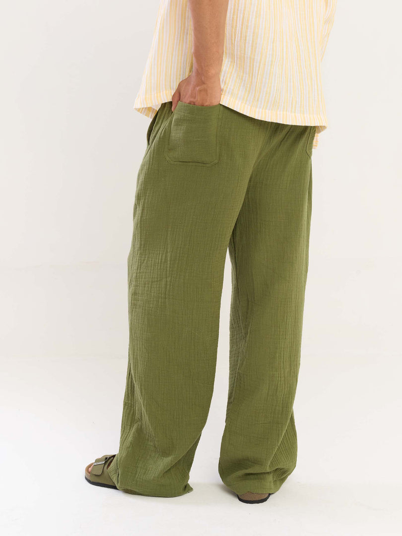 Olive Green Gauze Pull-on Pants