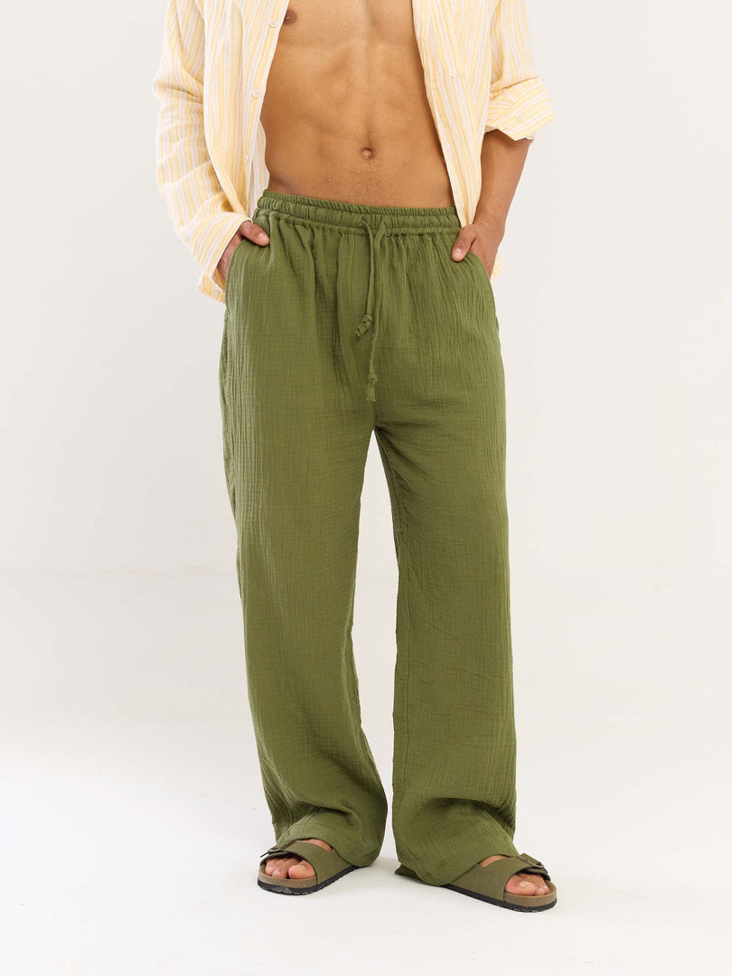 Olive Green Gauze Pull-on Pants