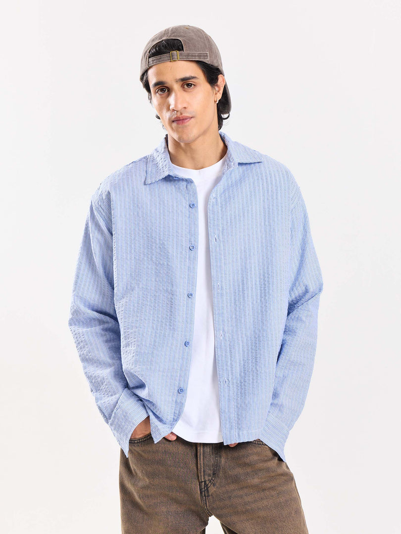 Powder Blue Striped Seersucker Shirt