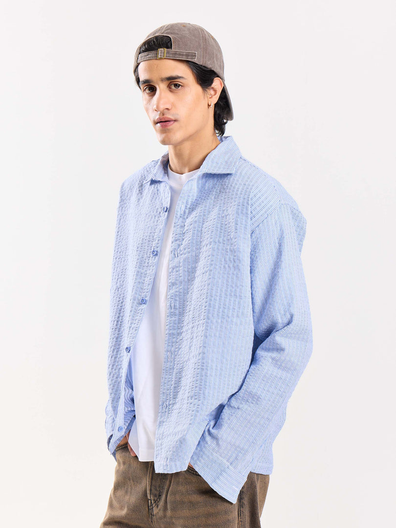 Powder Blue Striped Seersucker Shirt