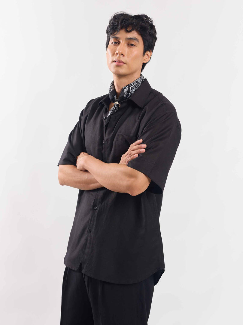 Black Half Sleeve Linen Shirt