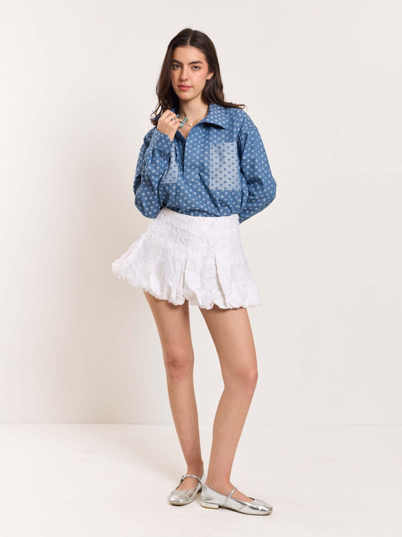 Heart Embossed Denim Pullover