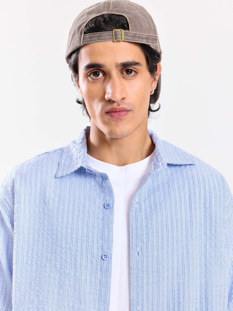 Powder Blue Striped Seersucker Shirt