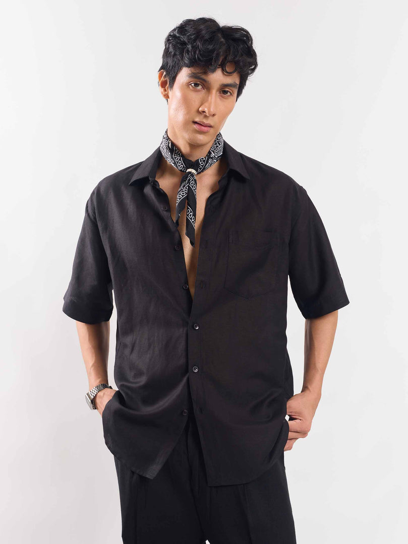 Black Half Sleeve Linen Shirt