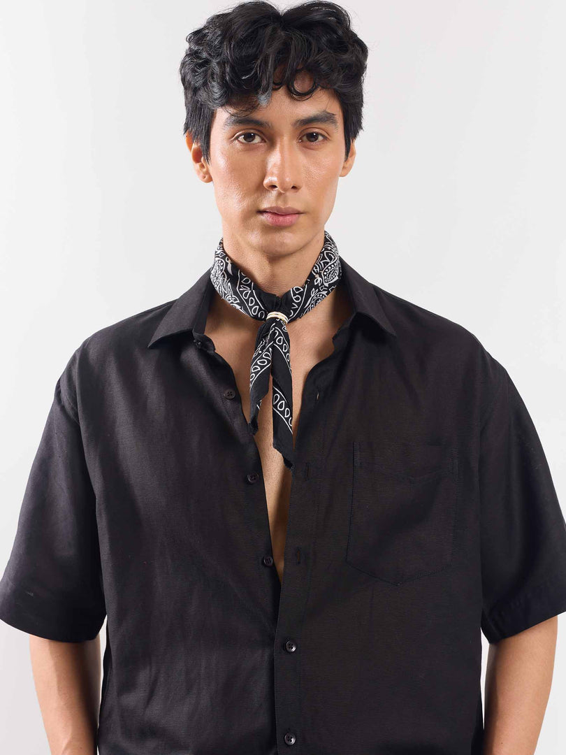 Black Half Sleeve Linen Shirt