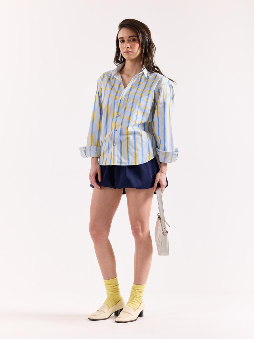 Blue & Yellow Striped Poplin Oversized Shirt