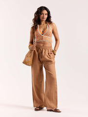 Tan Brown Linen Pull-on Pants