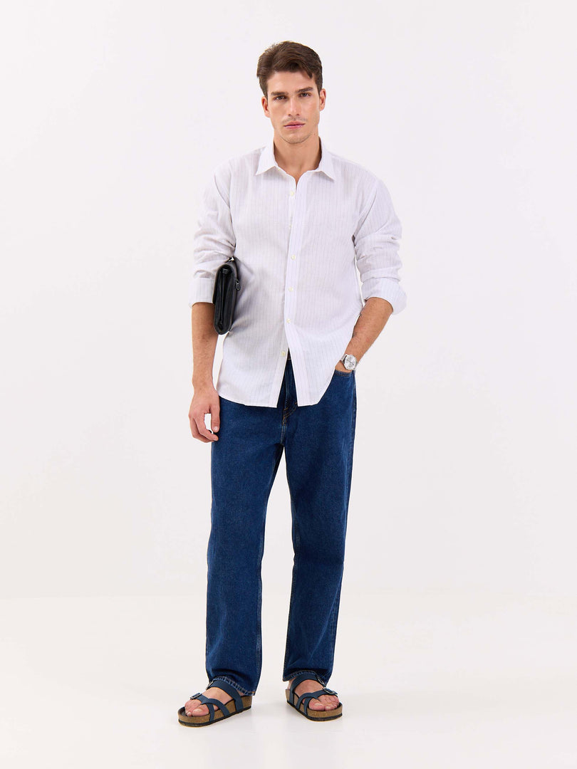 White & Blue Striped Linen-blend Shirt