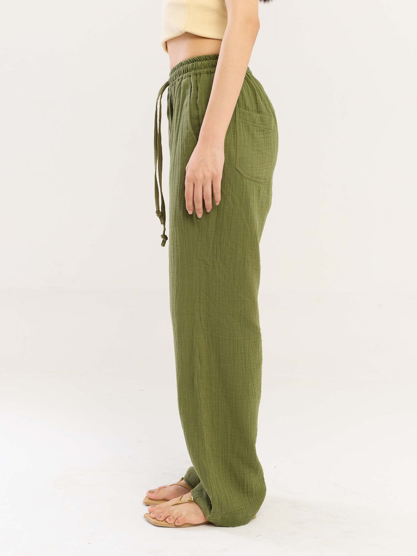 Olive Green Gauze Pull-on Pants