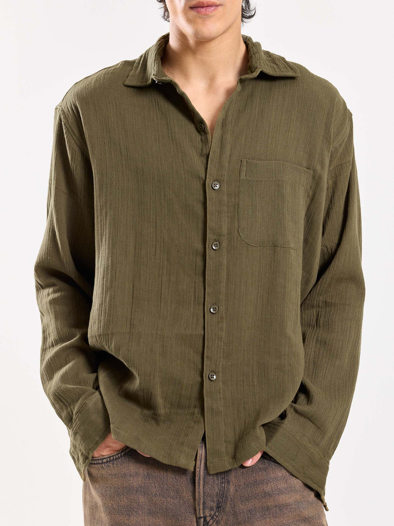 Olive Green Gauze Holiday Shirt