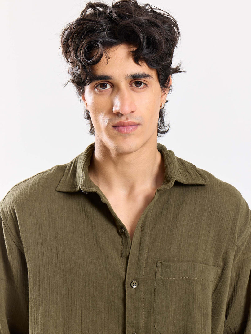 Olive Green Gauze Holiday Shirt