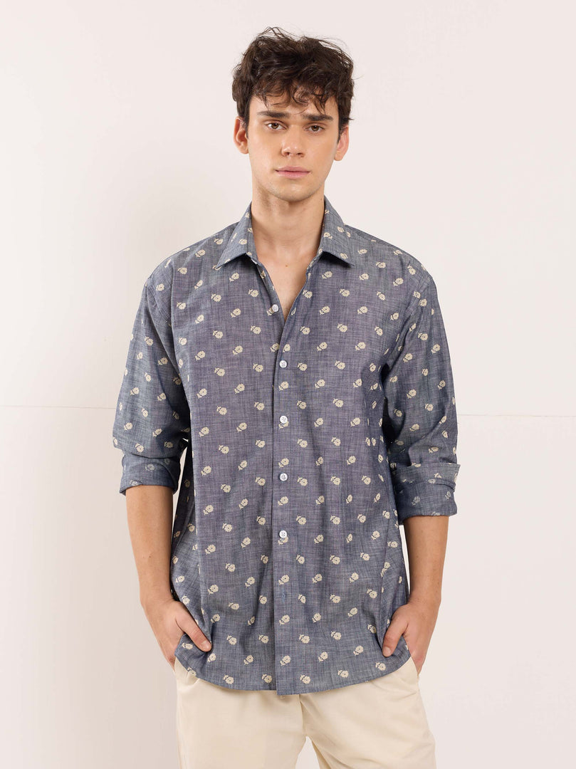 Indigo Floral Printed Chambray Shirt