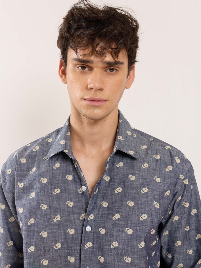 Indigo Floral Printed Chambray Shirt