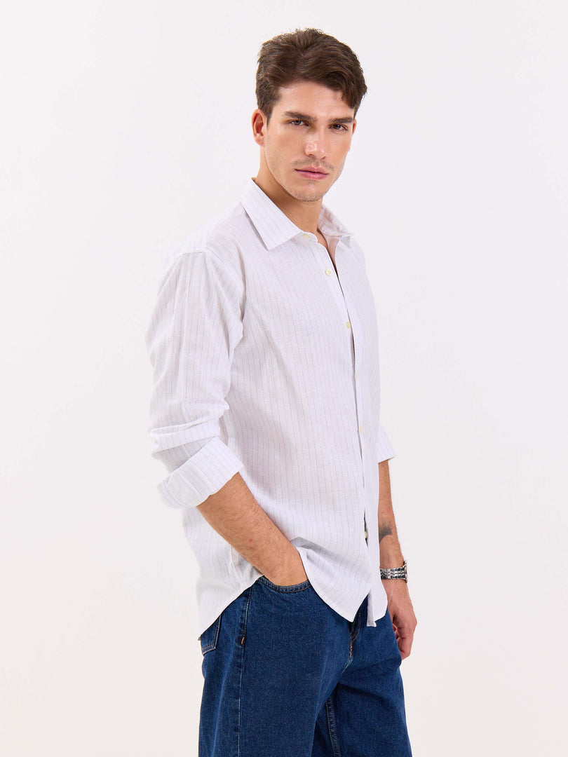White & Blue Striped Linen-blend Shirt