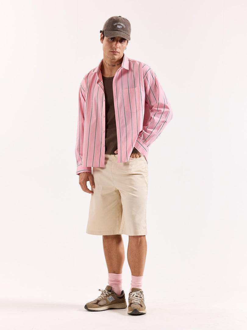 Pink & Brown Striped Poplin Oversized Shirt