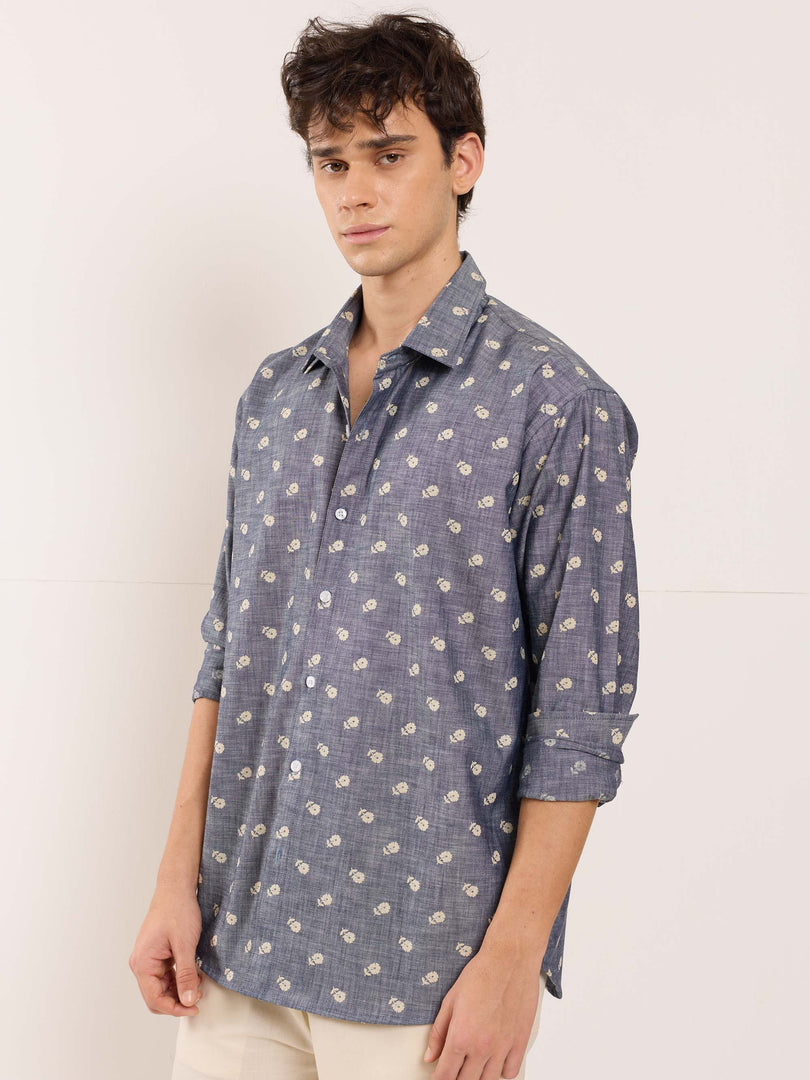 Indigo Floral Printed Chambray Shirt